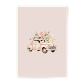 Floral Car Photographic Prints, Vintage Vehicle Art, Watercolor Illustration, Pink Automobile, Botanical Decor, Wall Art - Tawshia